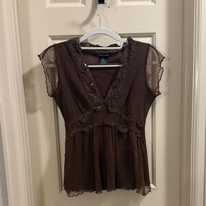Brown Lace Trim Top